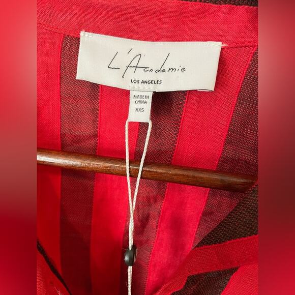 L’ACADEMIE NWT The Laramie Mini Dress Linen Red & Black Striped Size XXS Revolve - Picture 3 of 13